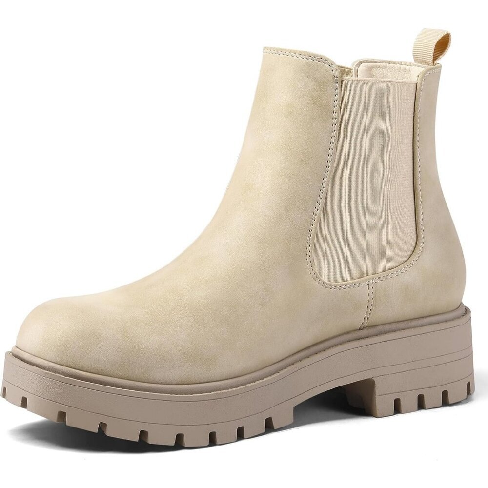 Women's Beige Chelsea Low Chunky Heel Slip On Lug Sole Elastic Ankle Booties